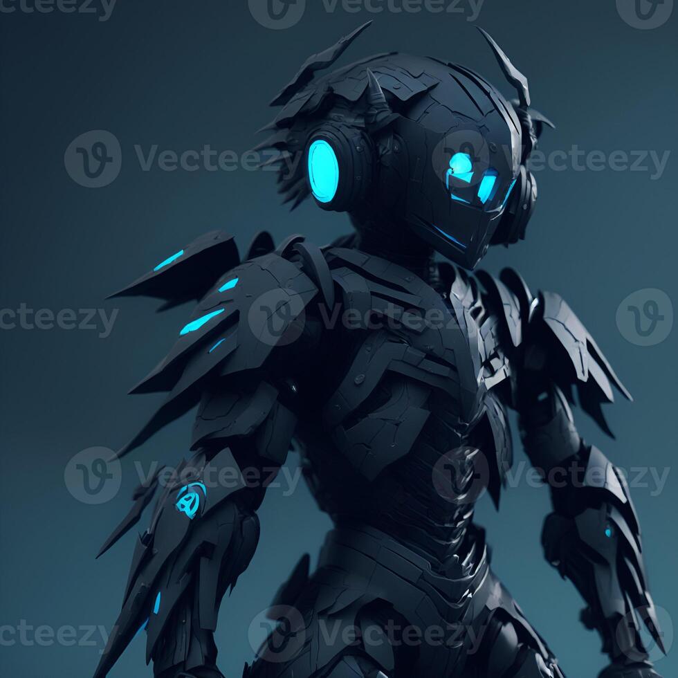 japanese animated black owl army cyan and black robot Content photo