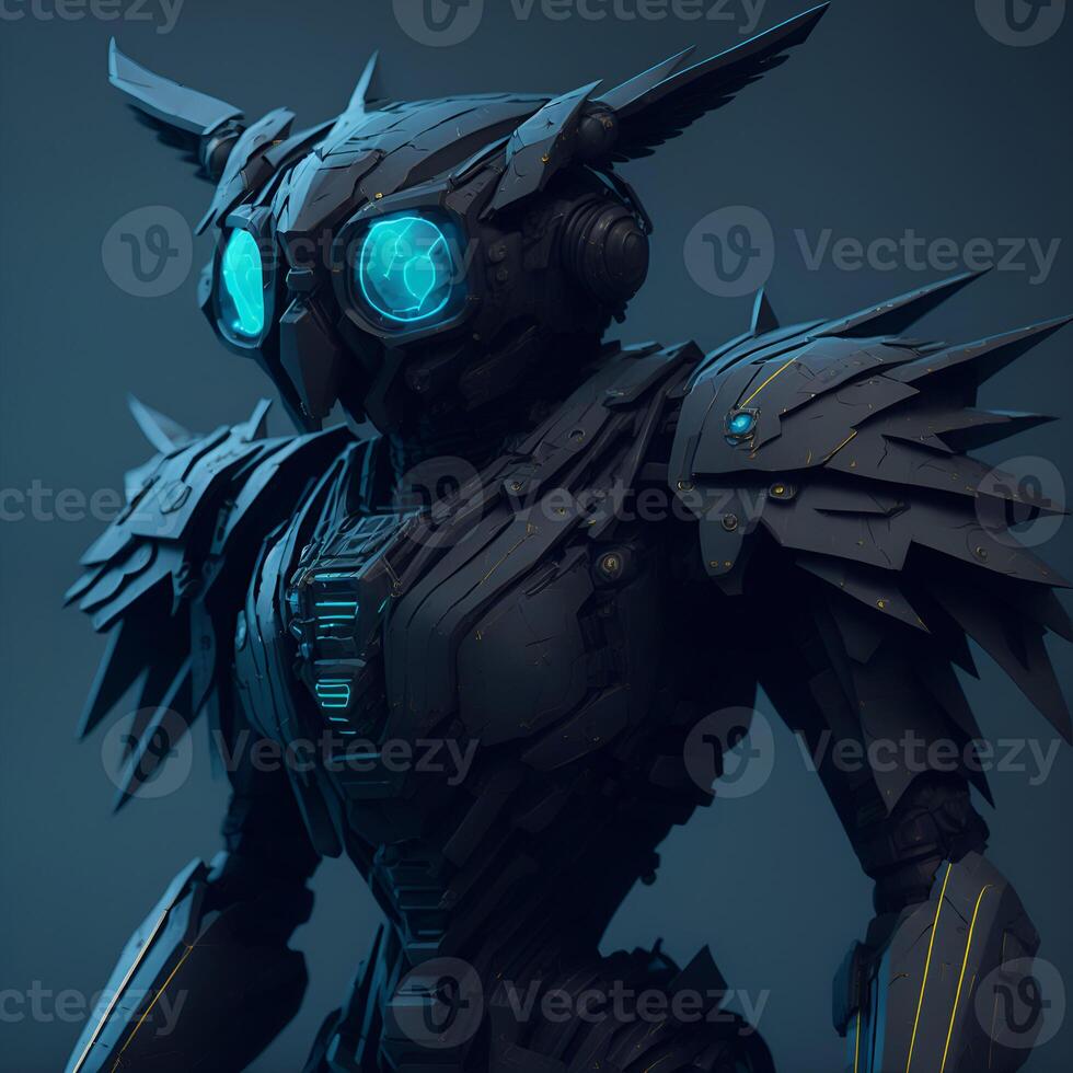 japanese animated black owl army cyan and black robot Content photo