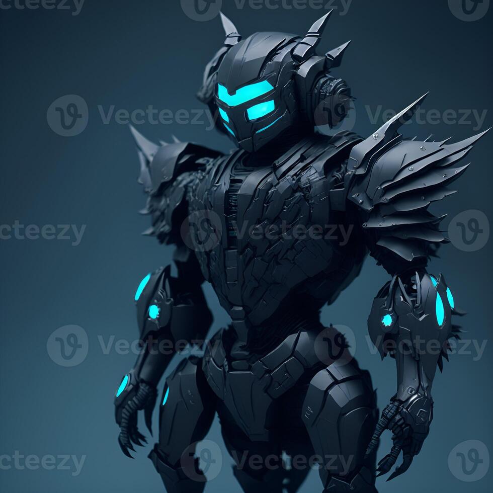 japanese animated black owl army cyan and black robot Content photo