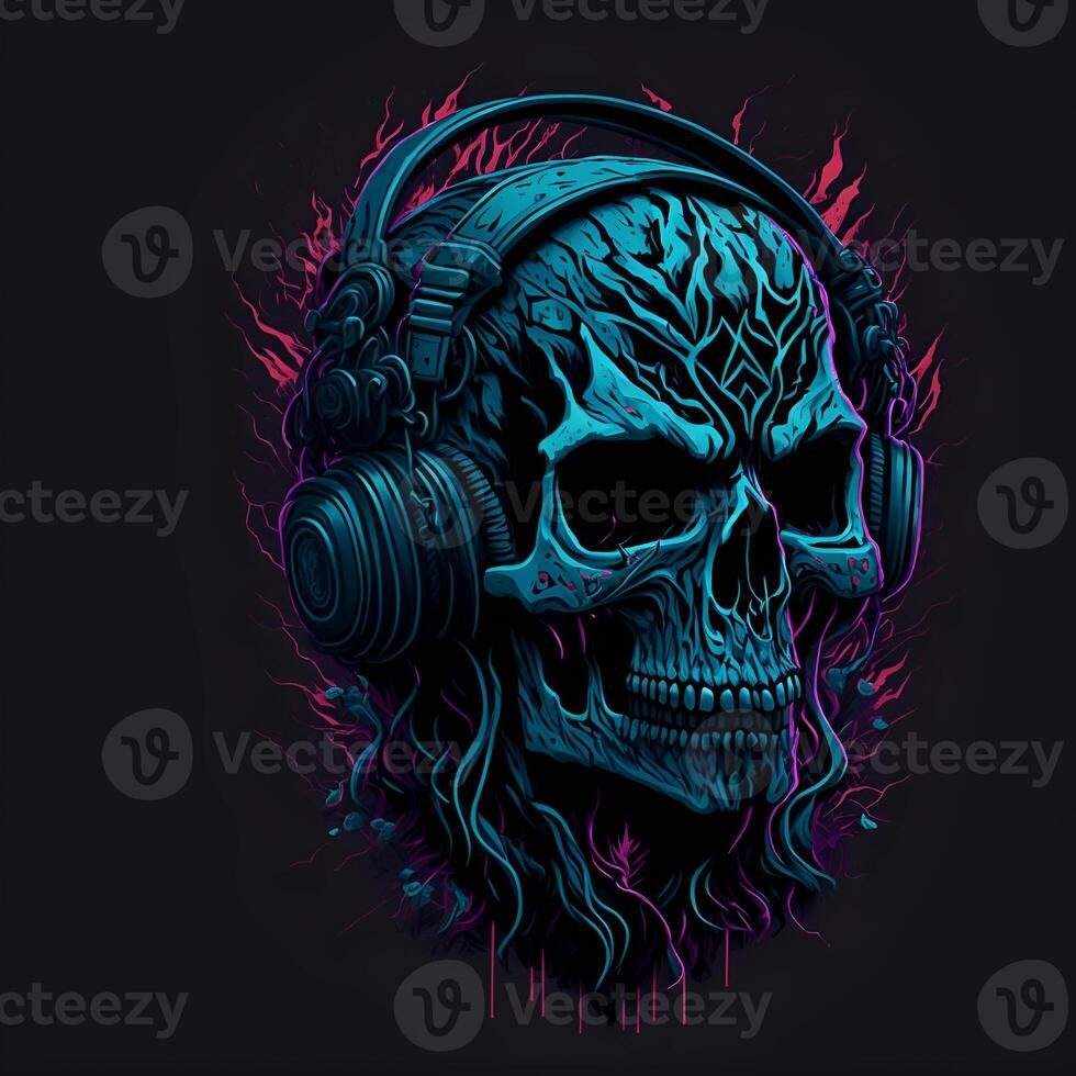 Skull wearing headphone digital art ready to print Content photo