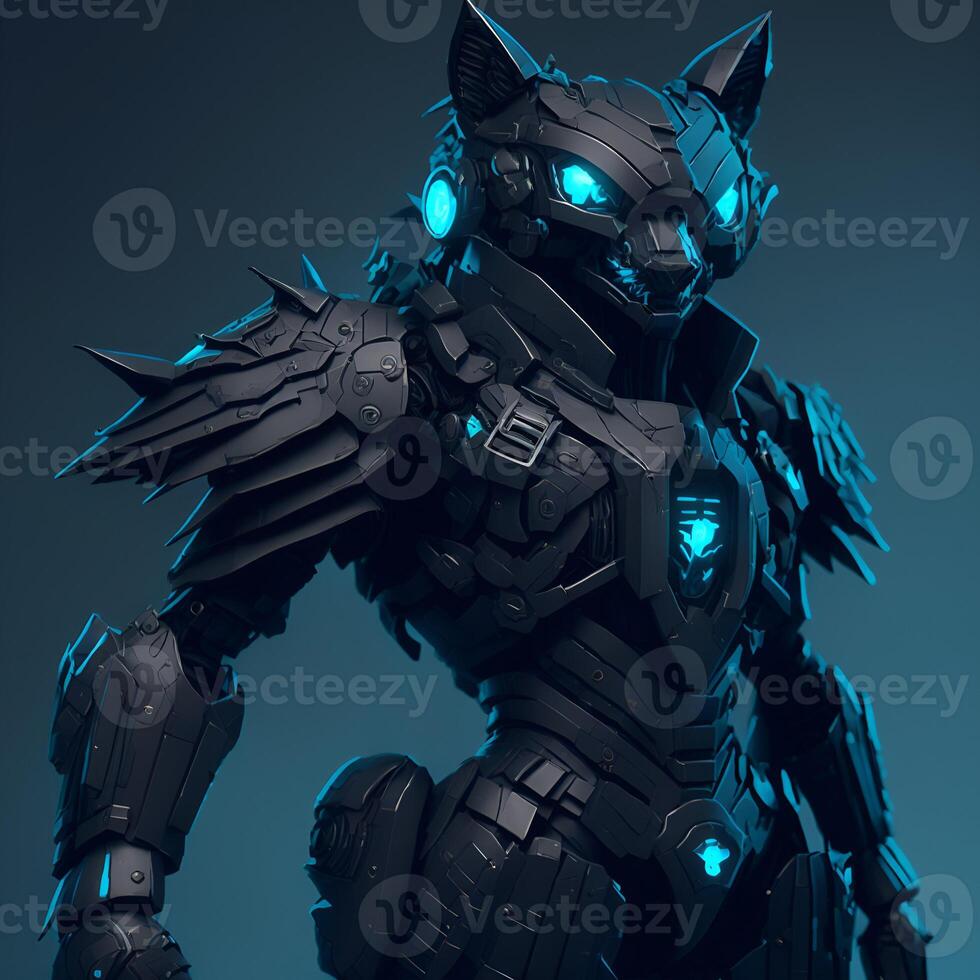japanese animated black wolf army cyan and black robot Content photo