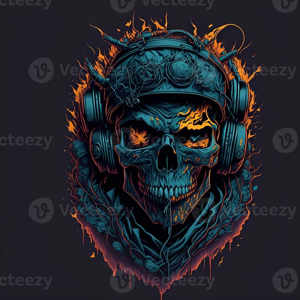 Skull wearing headphone digital art ready to print Content photo