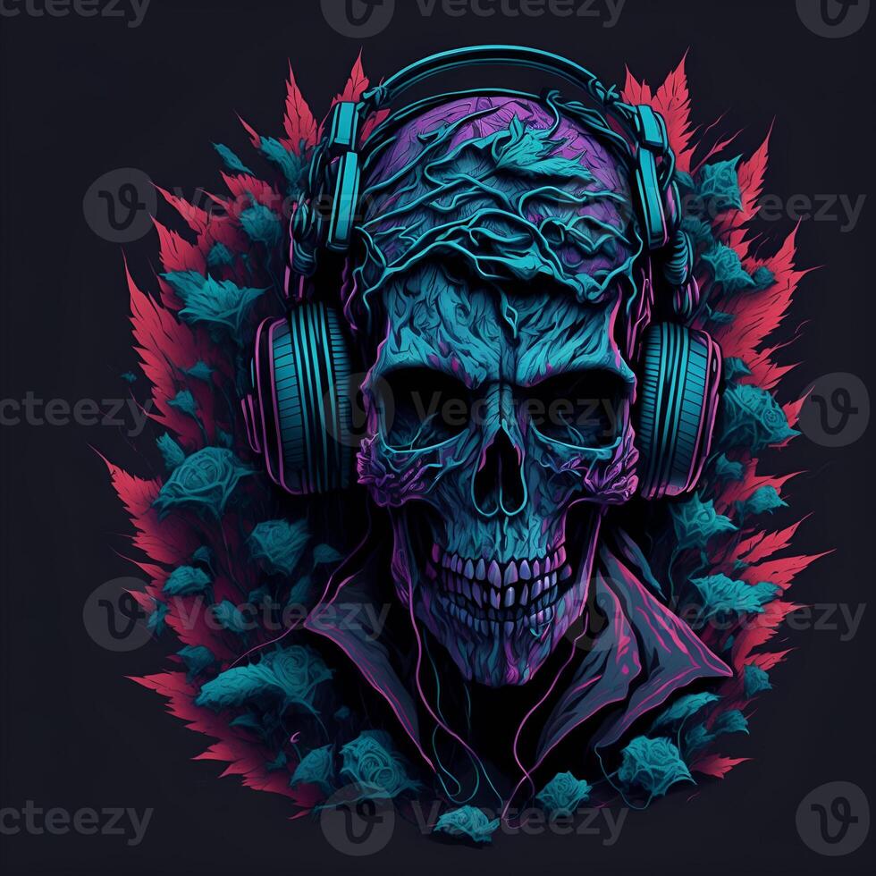 Skull wearing headphone digital art ready to print Content photo