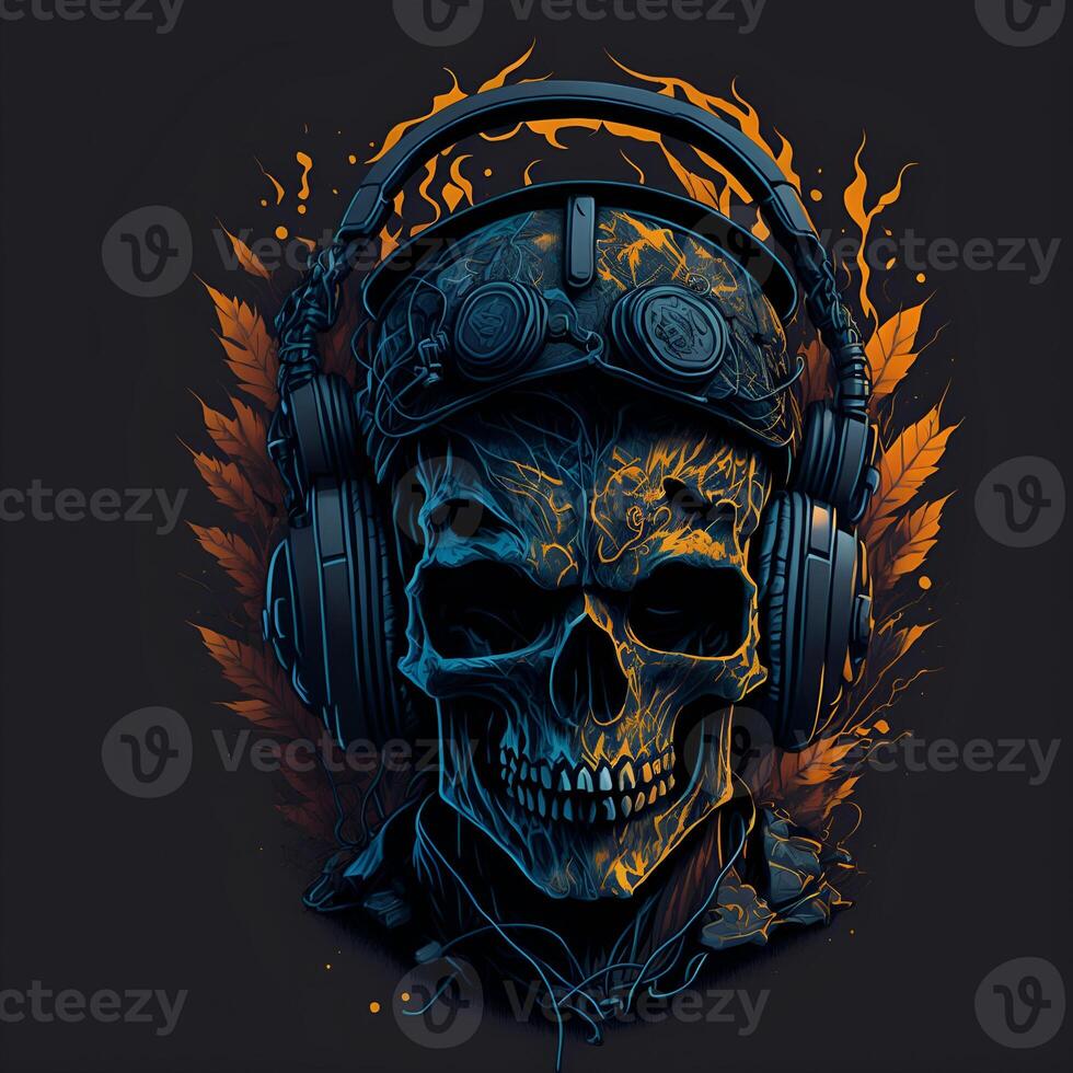 Skull wearing headphone digital art ready to print Content photo