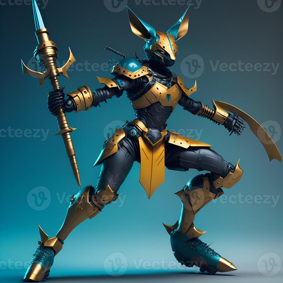 Dark cyber punk kangaroo ninja wearing headphone with cyan armor golden gradient holding a spear Content photo