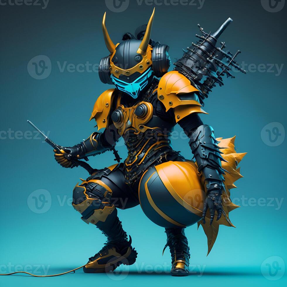 Dark cyber punk pumpkin ninja wearing headphone with cyan armor orange gradient holding samurai Content photo