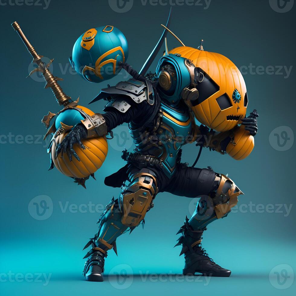 Dark cyber punk pumpkin ninja wearing headphone with cyan armor orange gradient holding samurai Content photo
