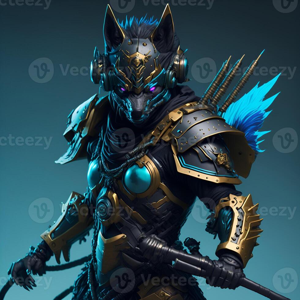oscuro ciber punk lobo ninja vistiendo auricular con cian armadura dorado degradado participación espada ai generado contenido foto