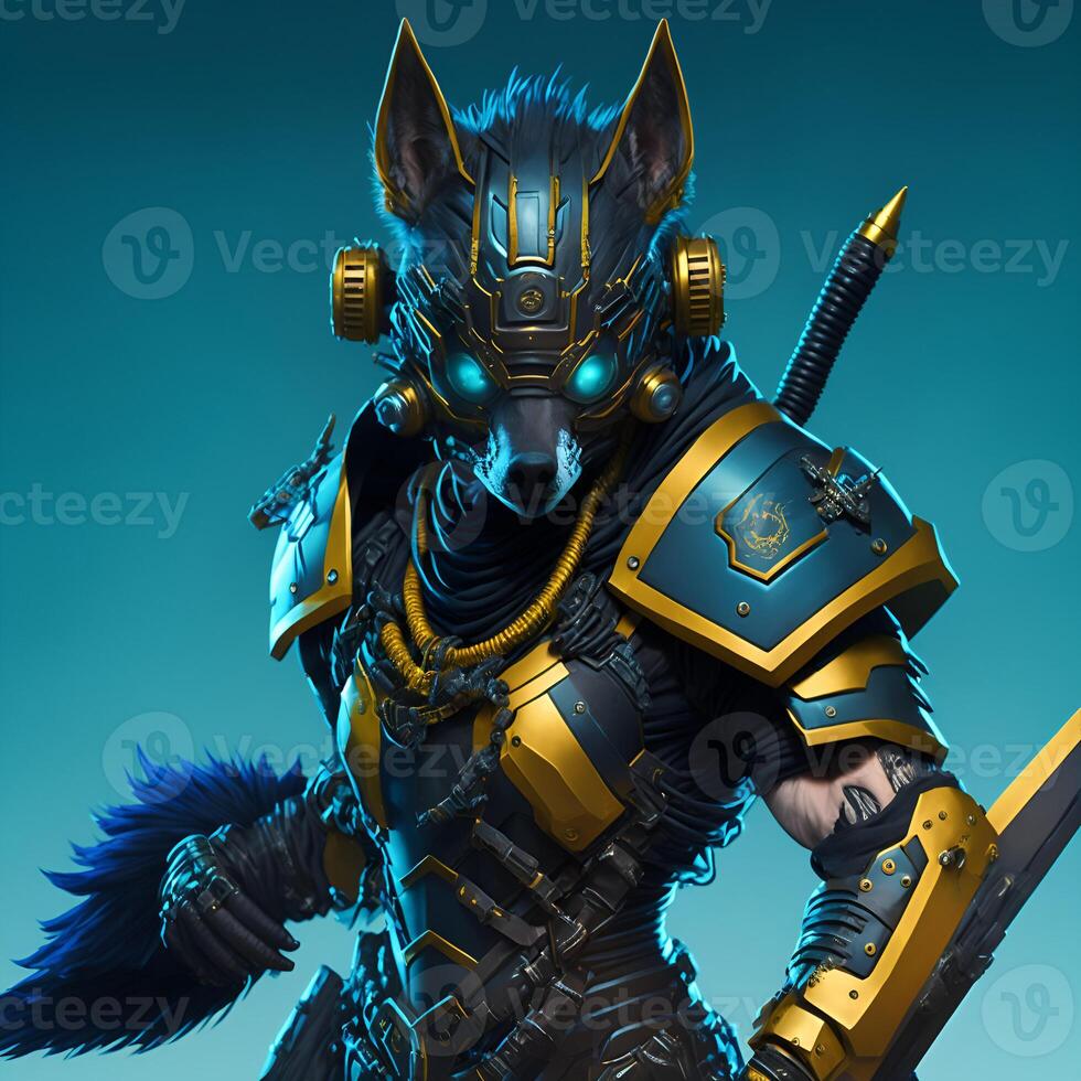oscuro ciber punk lobo ninja vistiendo auricular con cian armadura dorado degradado participación espada ai generado contenido foto