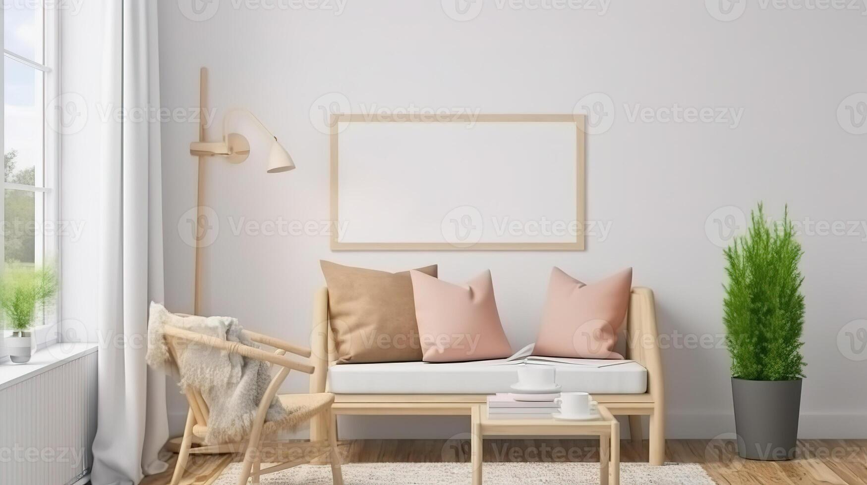 Horizontal wooden frame mockup in scandinavian farmhouse living room interior. photo