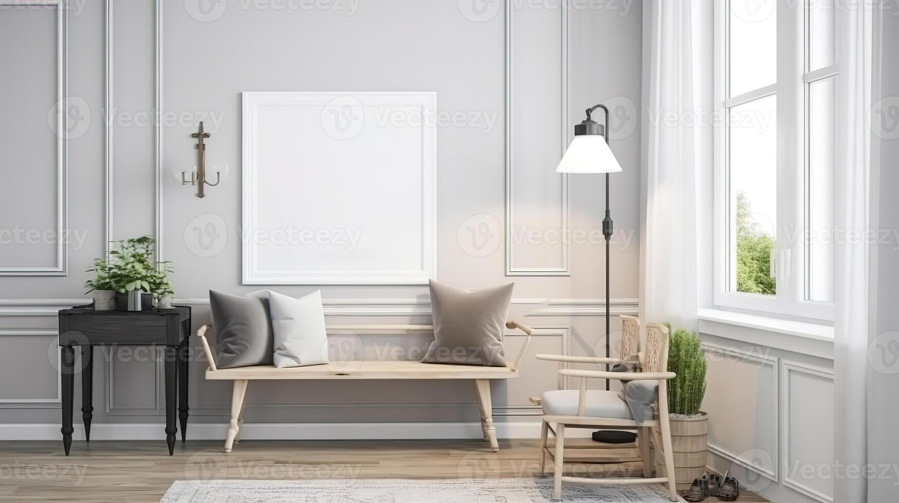 Old wooden frame mockup in Scandinavian farmhouse living room interior. photo