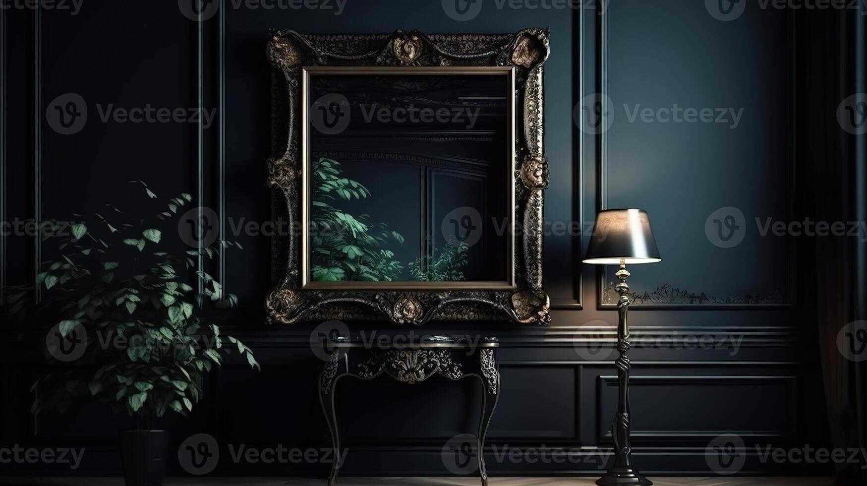Frame mockup in dark classic interior, 3d render. photo
