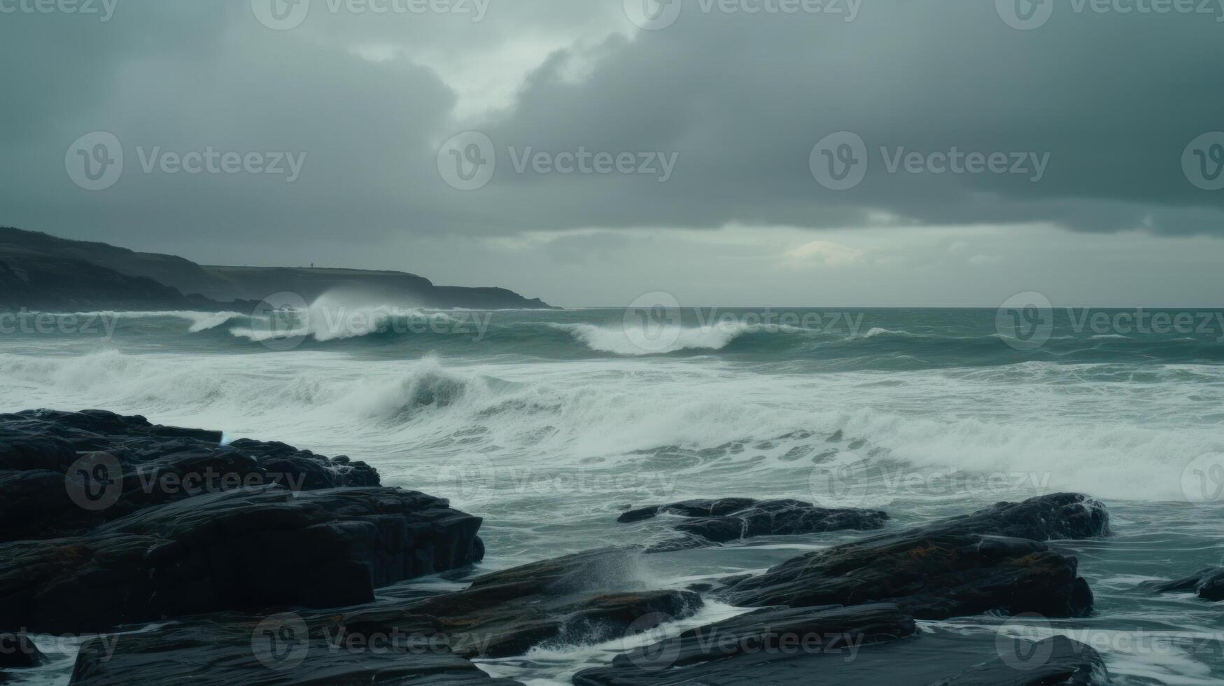 raging ocean waves in cloudy weather, stormy sea photo