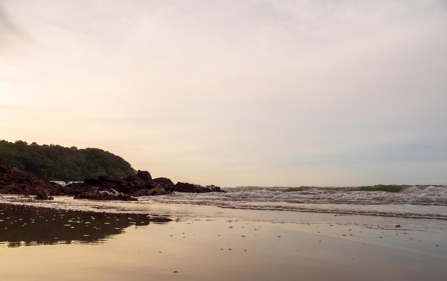 Panorama viewpoint landscape travel summer sea wind wave cool on holiday calm coastal big sun set sky light orange golden Nature tropical Beautiful evening hourday At Bang san Beach Chonburi Thailand. photo