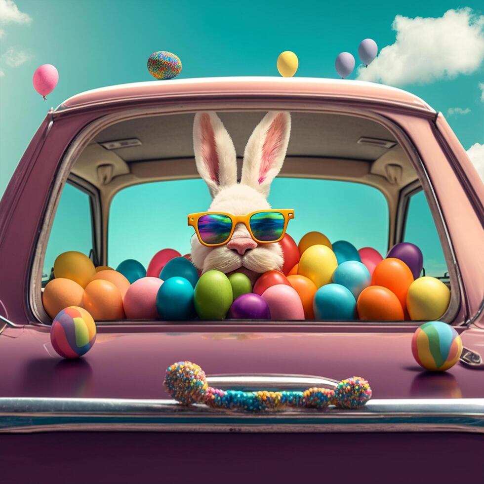 Cute Easter Bunny with sunglasses looking out of a car filed with easter eggs, photo