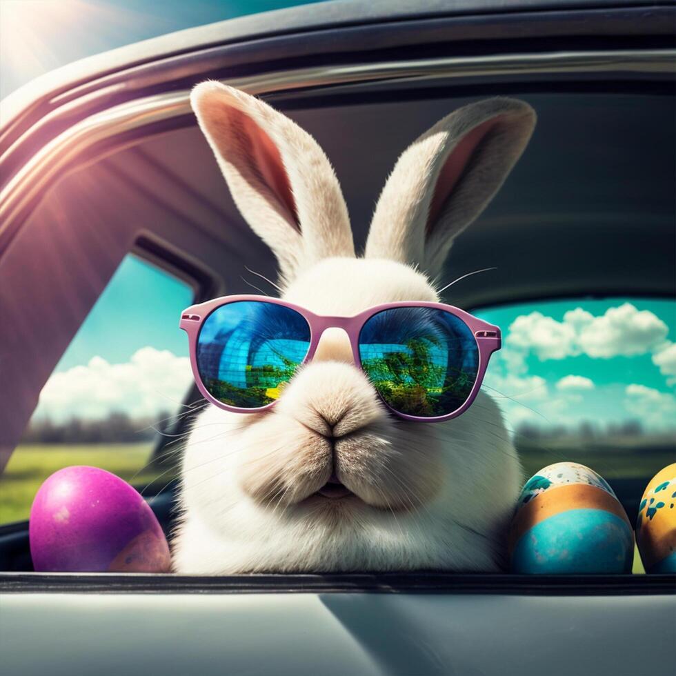 Cute Easter Bunny with sunglasses looking out of a car filed with easter eggs, photo