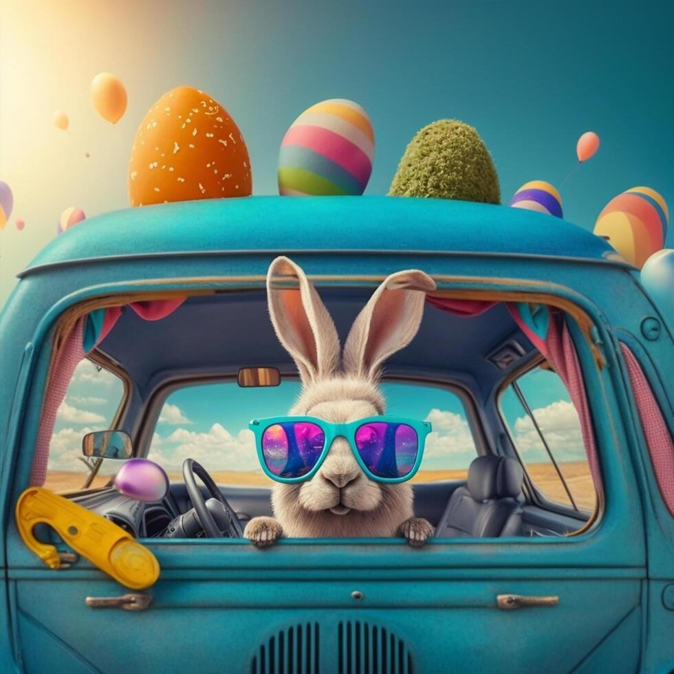 Cute Easter Bunny with sunglasses looking out of a car filed with easter eggs, photo