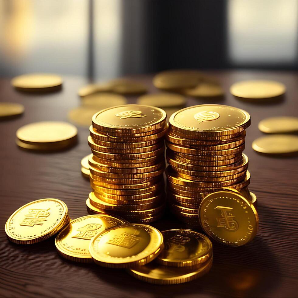 Super Realistic 3d Ray Tracing Stacked Gold Coins Above A Realistic Wooden Table Illustration photo