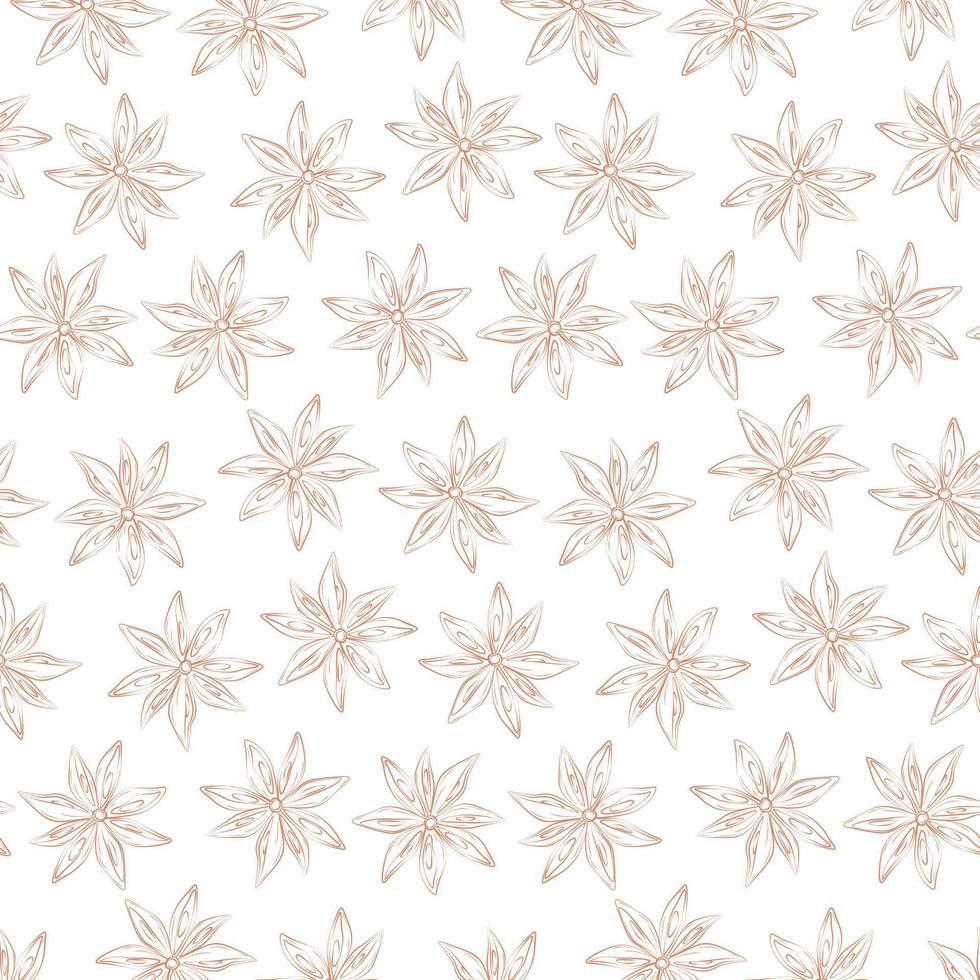 Endless pattern of contour drawing star anise in trendy brown hues. Spice for coffee or mulled wine. vector