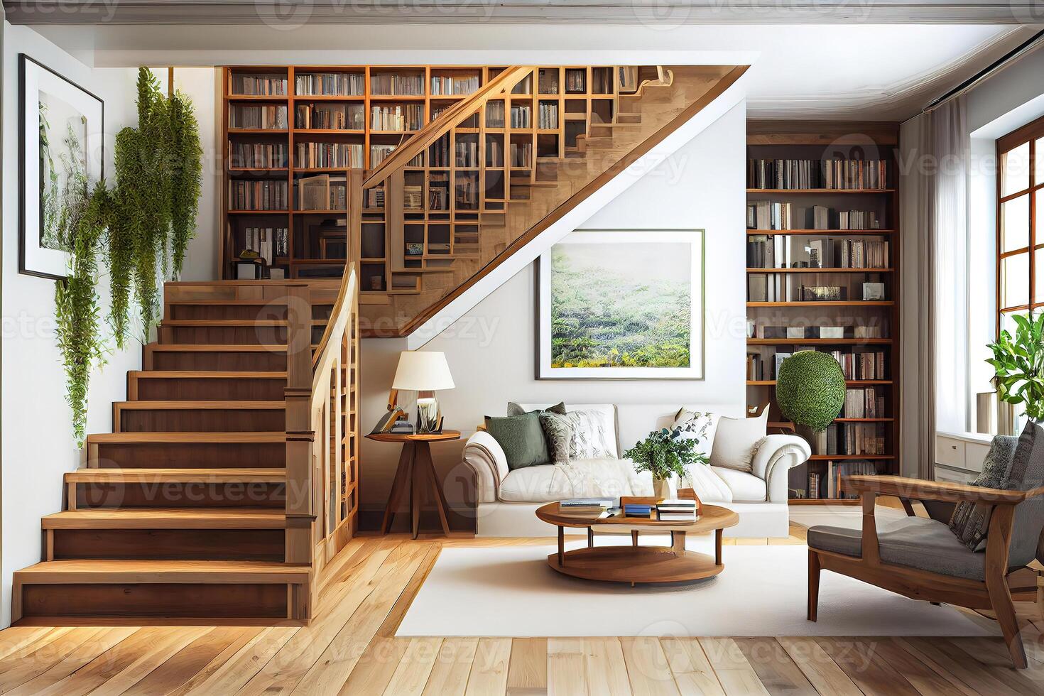 Living room with wooden staircase and bookcase. photo