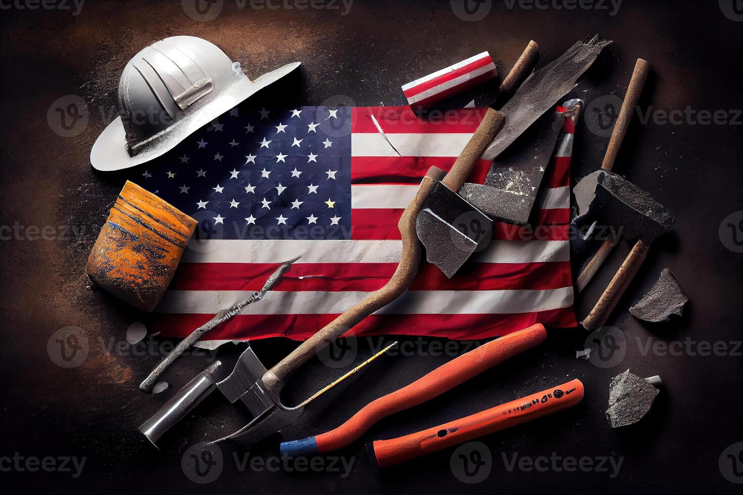 Happy labor day concept american flag with different construction tools. photo