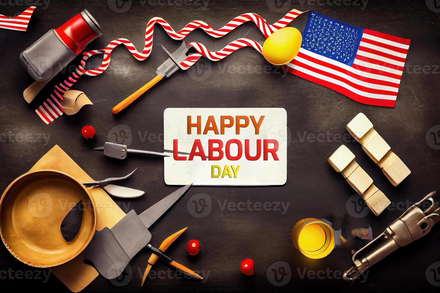 Top view design concept of american labor day with working tools. photo