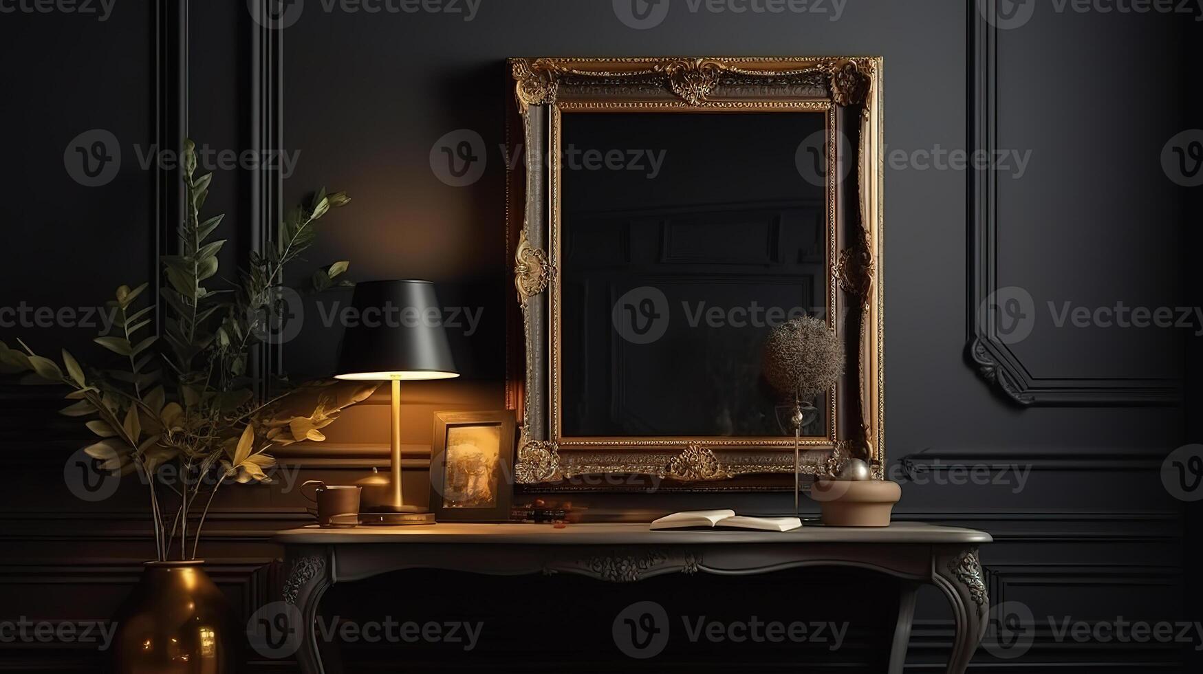 Frame mockup in dark classic interior, 3d render. photo