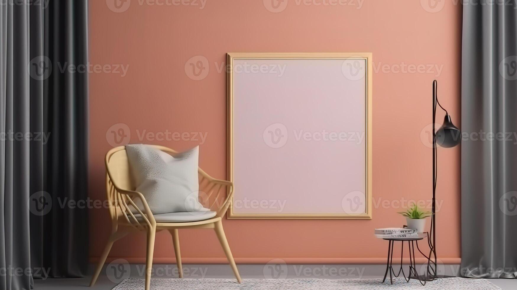 Blank wooden picture frame mockup on wall in modern interior. photo