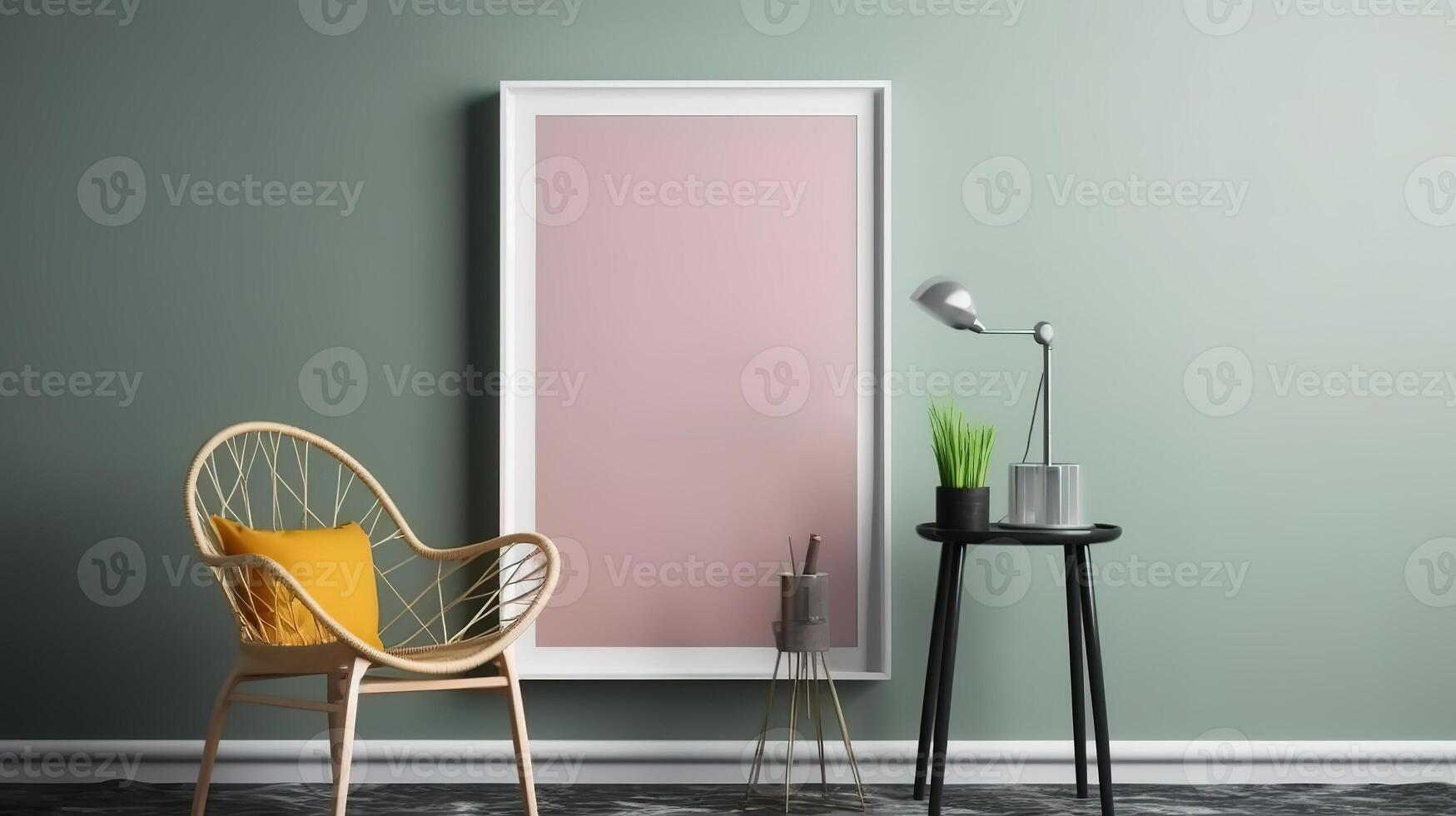 Blank wooden picture frame mockup on wall in modern interior. photo