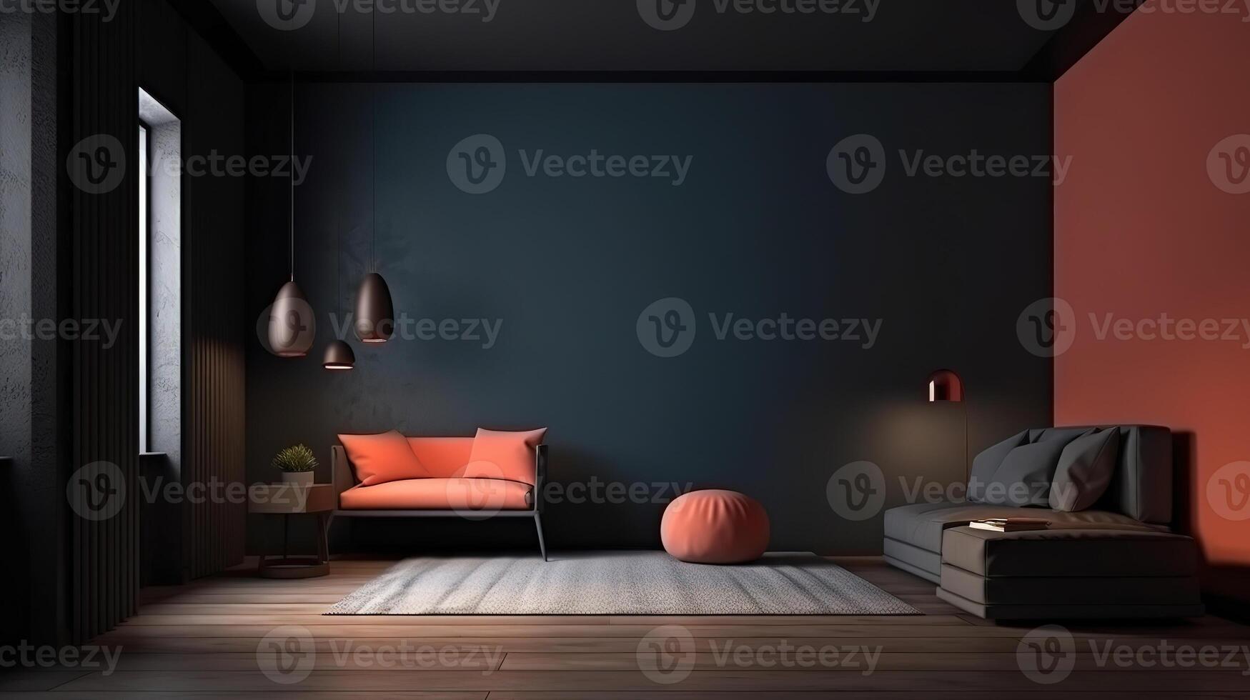 Home interior, dark room with minimal furniture, empty wall mockup, 3d render. photo