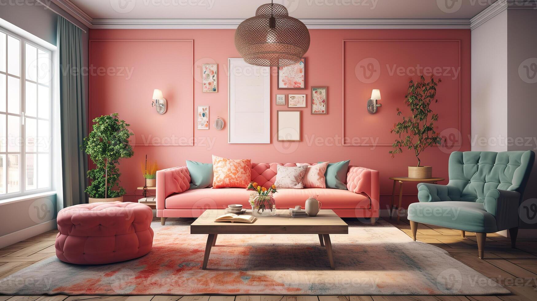 Cozy farmhouse living room interior, 3d render, Bright color. photo