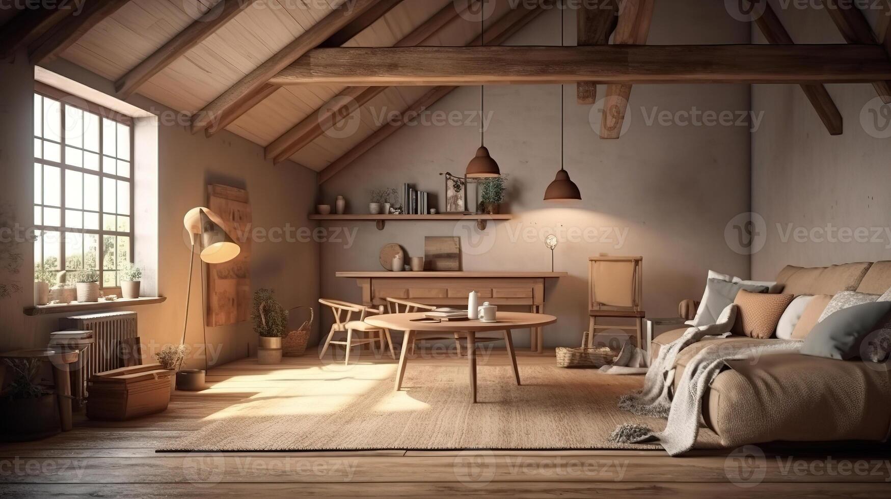 Cozy farmhouse living room interior, 3d render, Bright color. photo