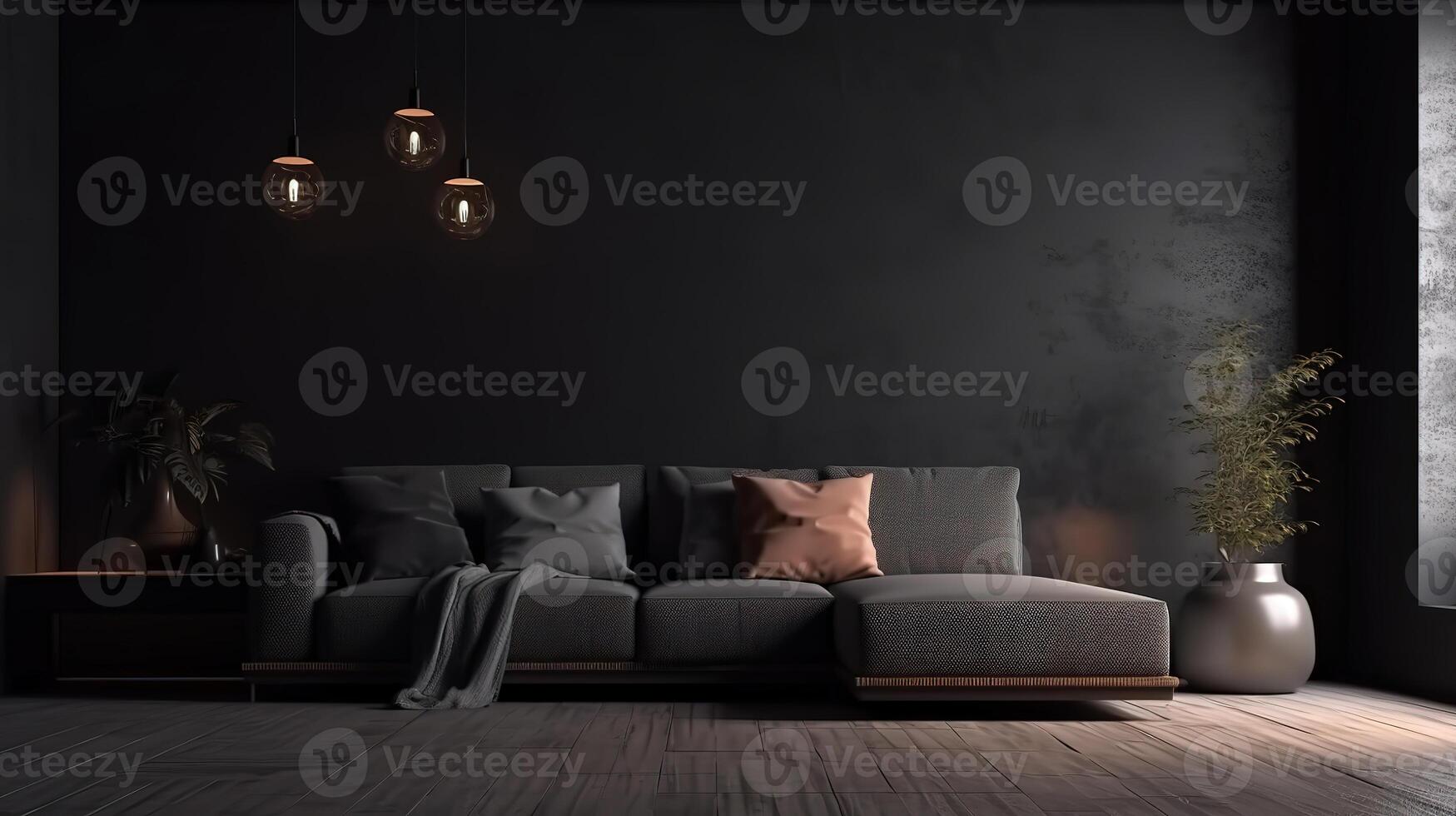 Home interior, dark room with minimal furniture, empty wall mockup, 3d render. photo