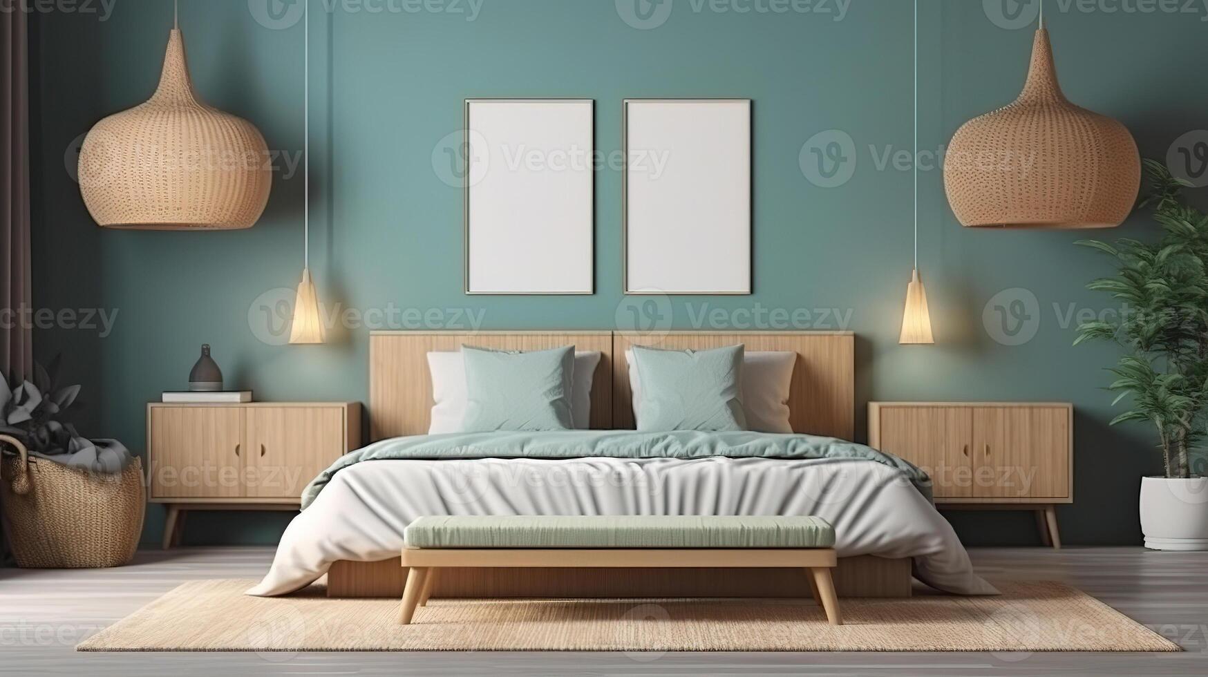 Home mockup, bedroom interior background with rattan furniture and empty frames. photo