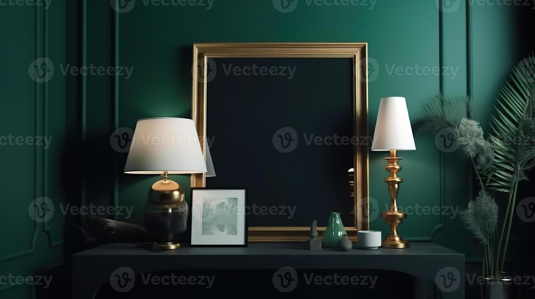 Frame mockup in dark green home interior, 3d render, Bright color. photo