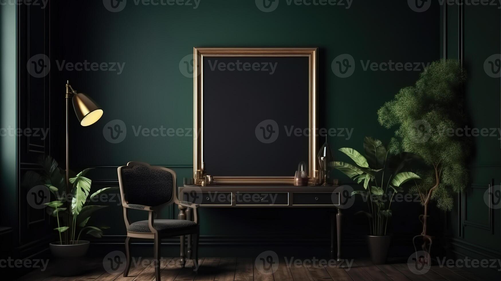 Frame mockup in dark green home interior, 3d render, Bright color. photo