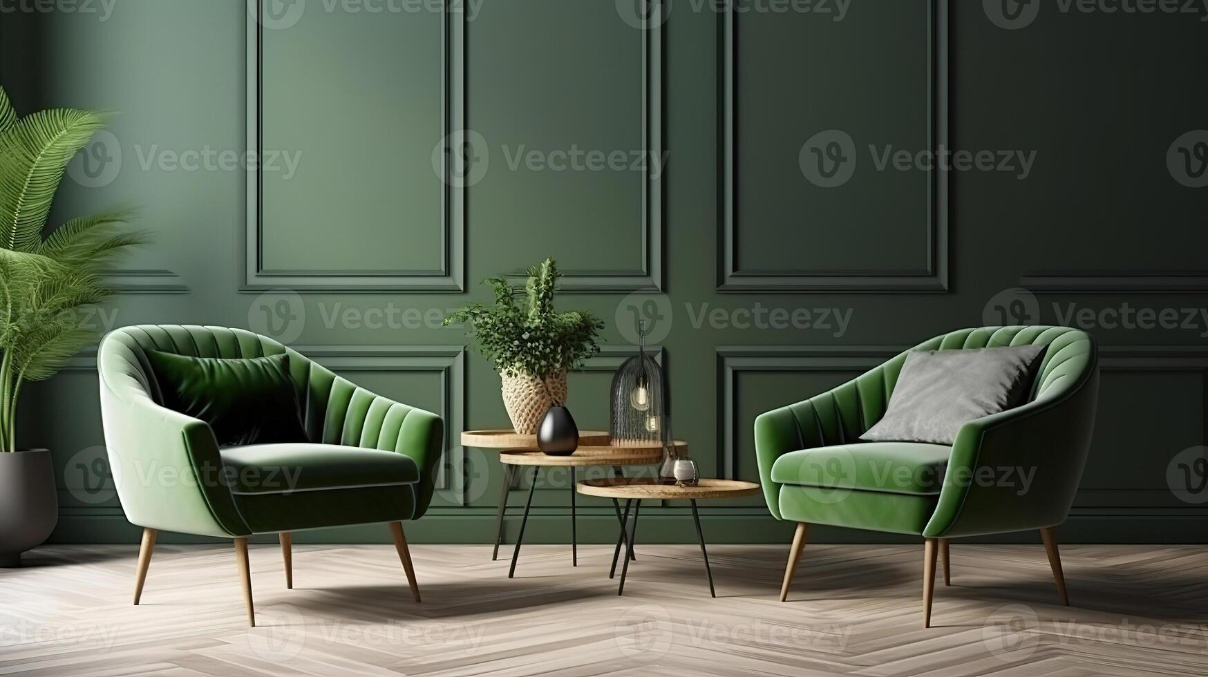 Home interior mock-up with green armchairs, table and decor in living room. photo