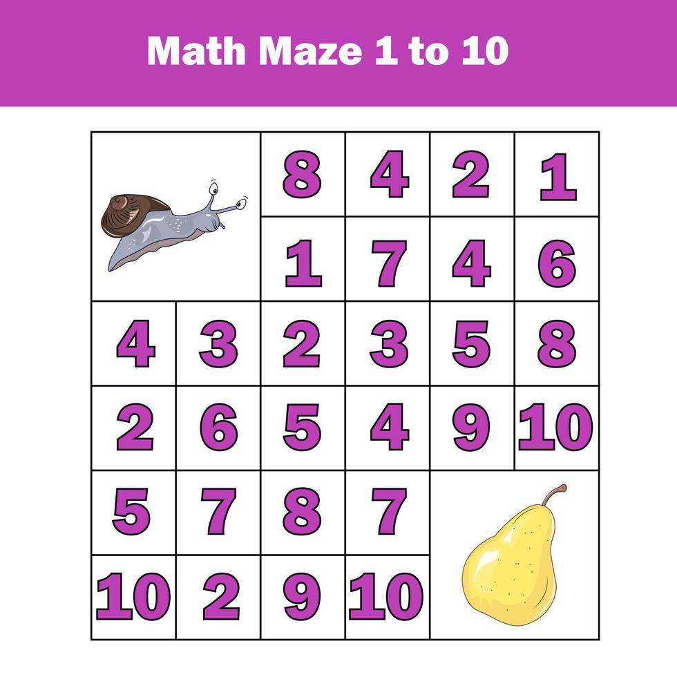 Maze game. Mathematics labyrinth with numbers. Counting from one to ten. Activity for toddlers and kids. vector