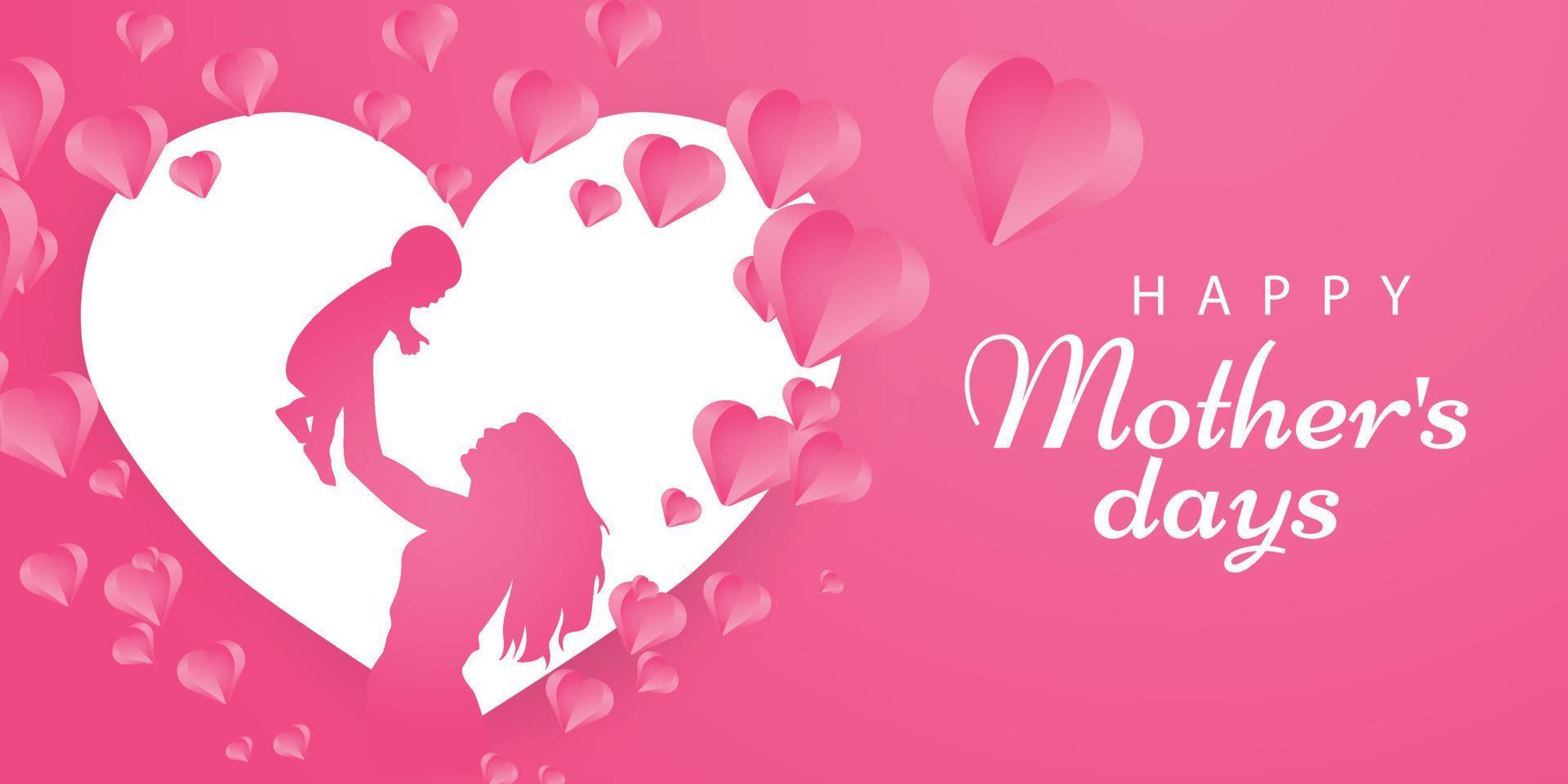 Happy Mothers day banner background with girl,son and flying pink Heart Shaped Balloons and with copy space Day greeting card design. vector