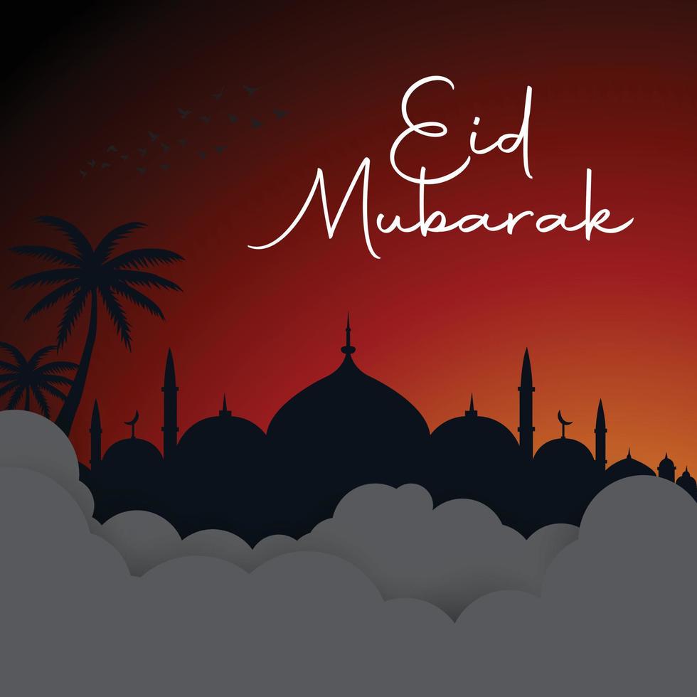 Eid Mubarak Background Poster Template Design with Mosque, Date Palm in the dark and light gradient eid mubarak Vector Background.