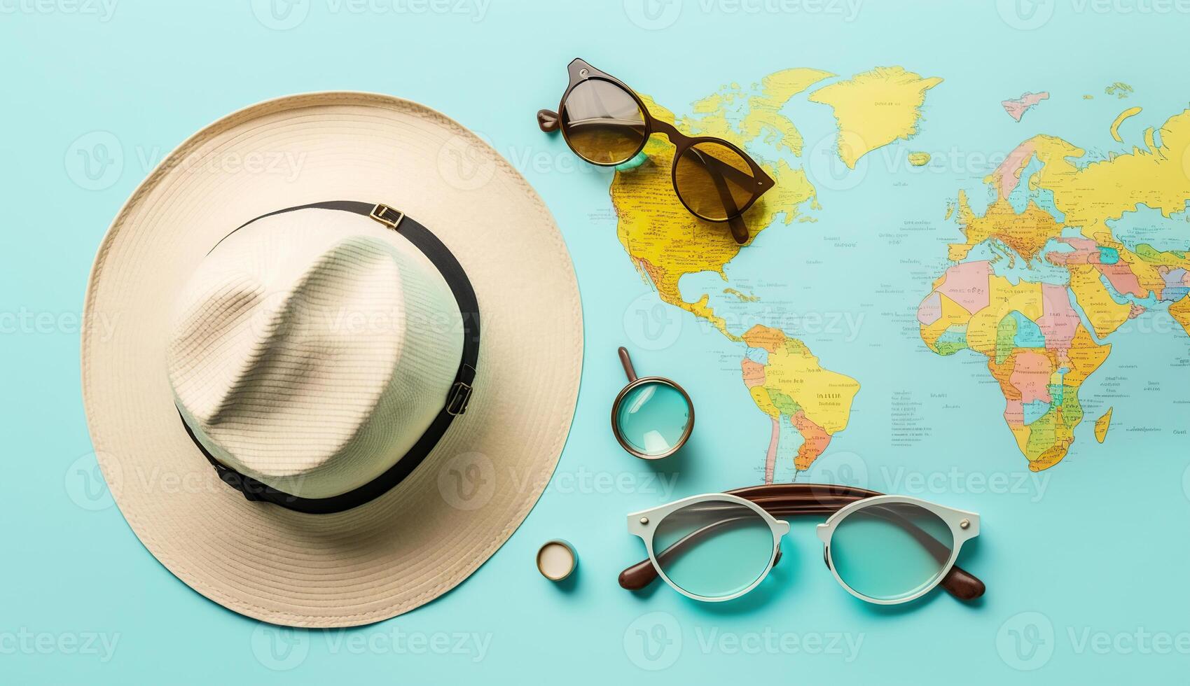 Straw hat, map, sunglasses and magnifying glass on blue baground. Summer holiday, vacation, travel concept, photo