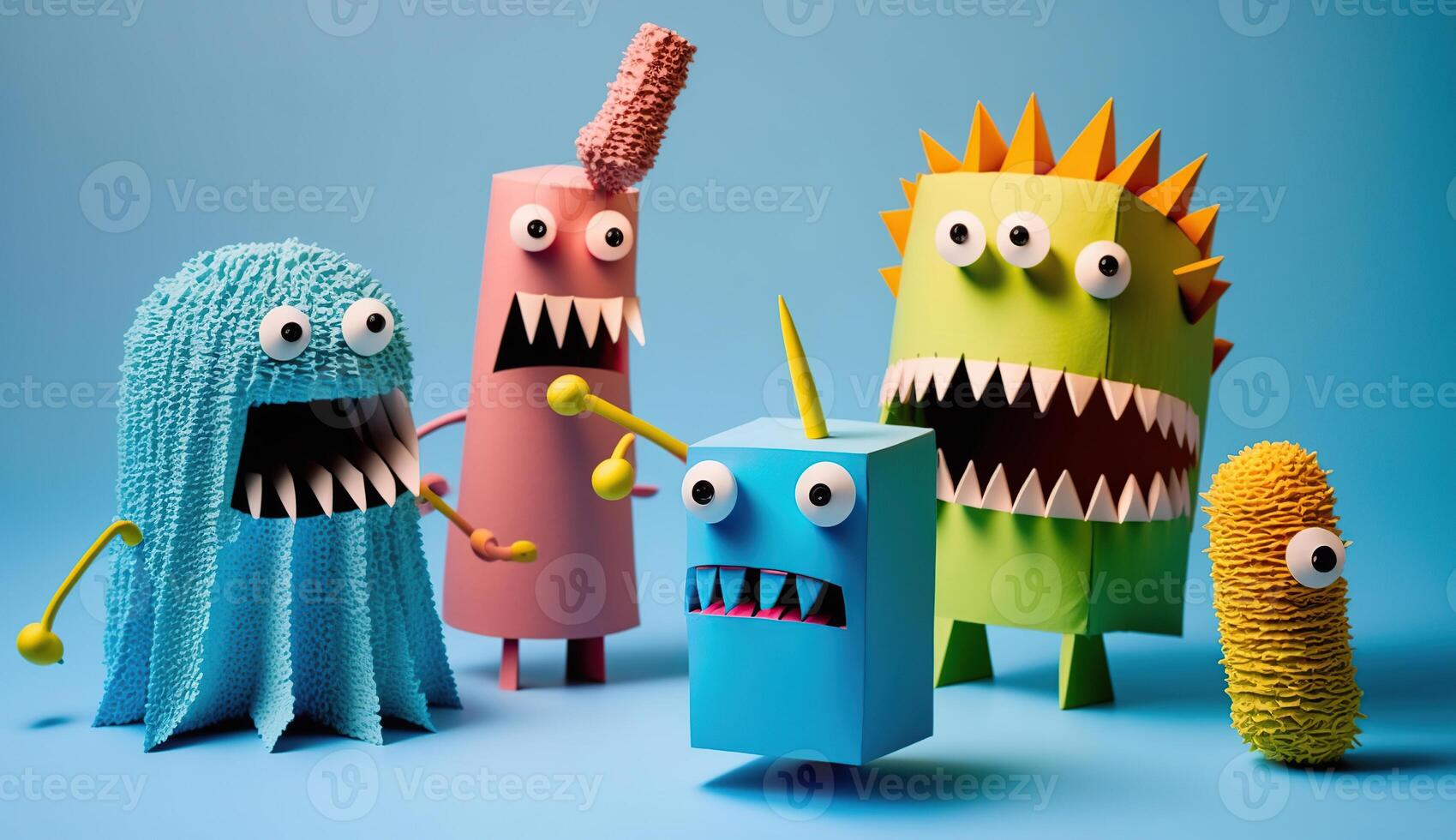 Funny monsters from paper and plasticine on a blue background. Easy creative crafts for children, photo