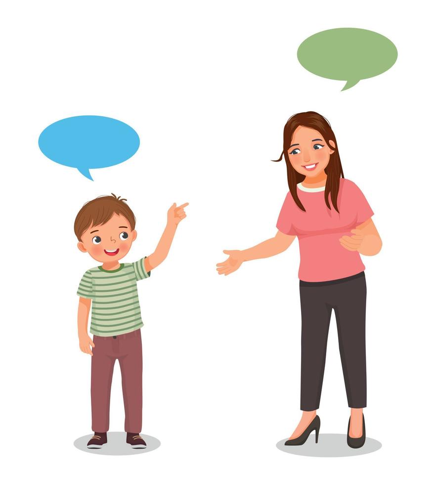 Young woman talking to cute little boy having conversation with speech bubbles vector