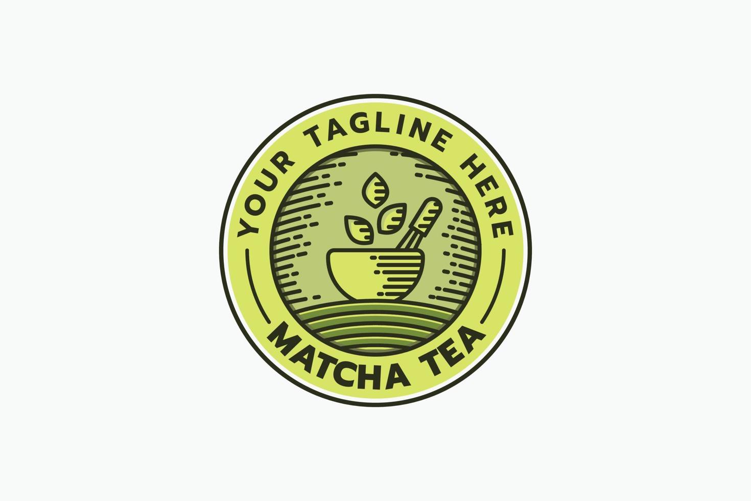 matcha logo en emblema formar con combinación de un taza de matcha, batidor y té hojas en línea estilo vector