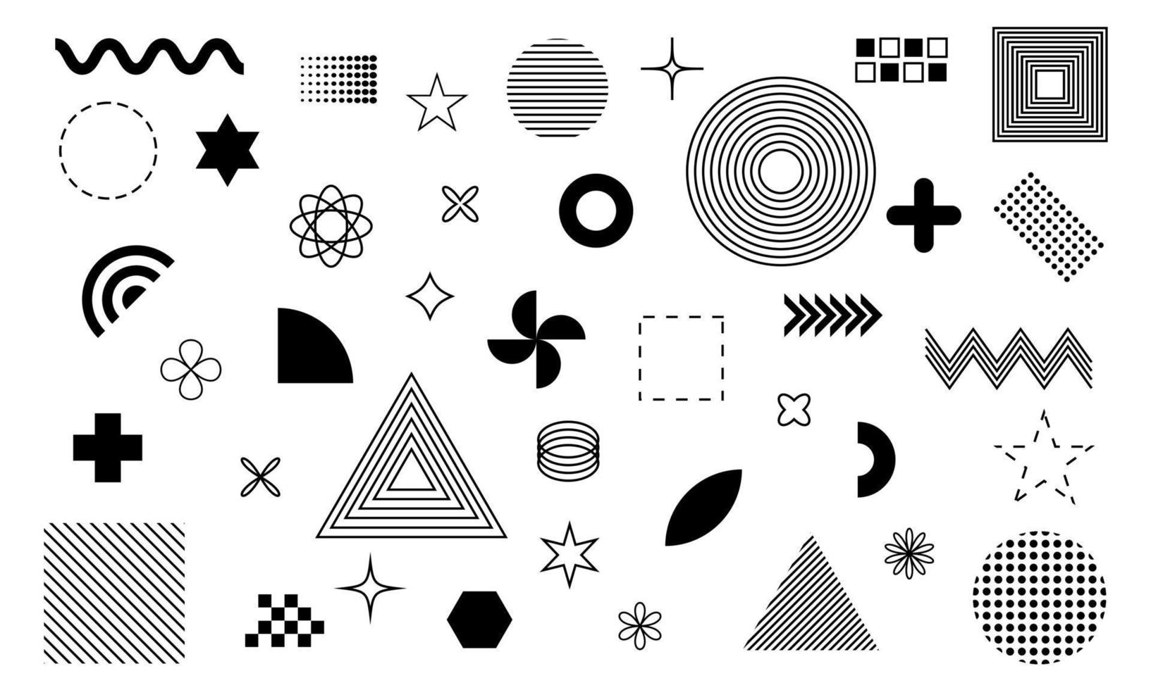 Big set of memphis style geometrical shapes and elements on white background flat vector illustration