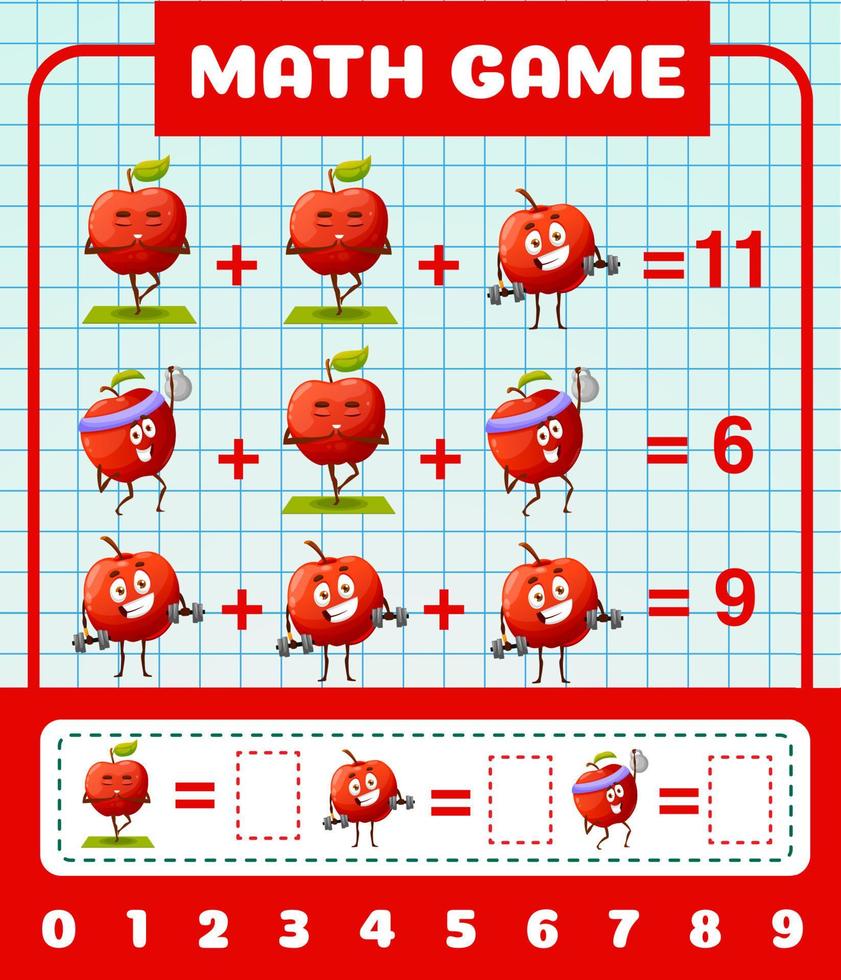 Cheerful cartoon red apple characters, math game vector