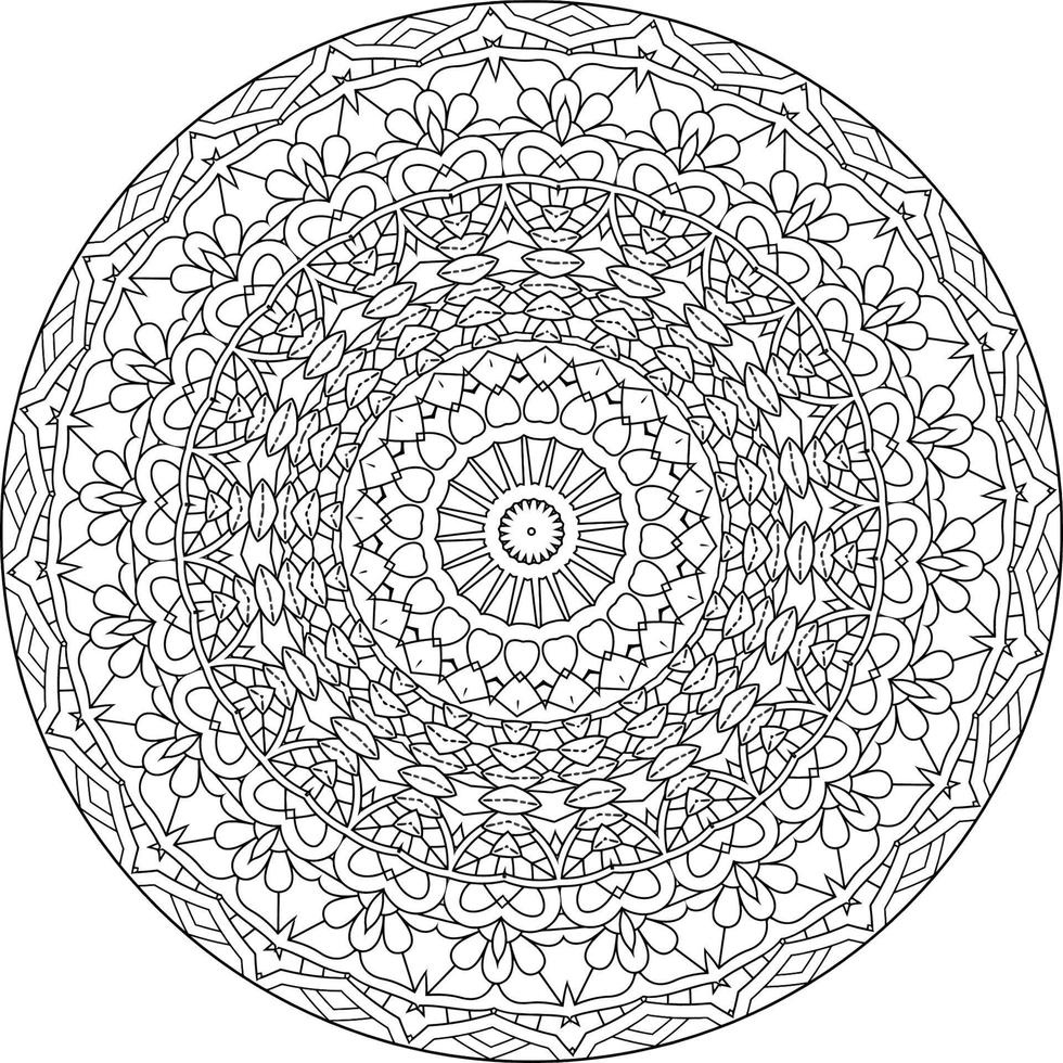 Simple doodle mandala with floral and heart patterns on a white isolated background. For coloring book pages. vector
