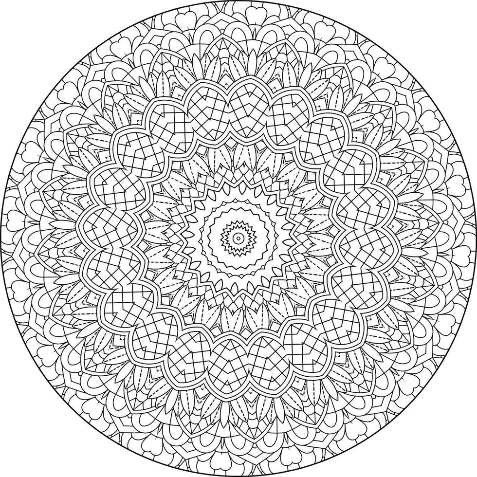 Simple doodle mandala with floral and heart patterns on a white isolated background. For coloring book pages. vector