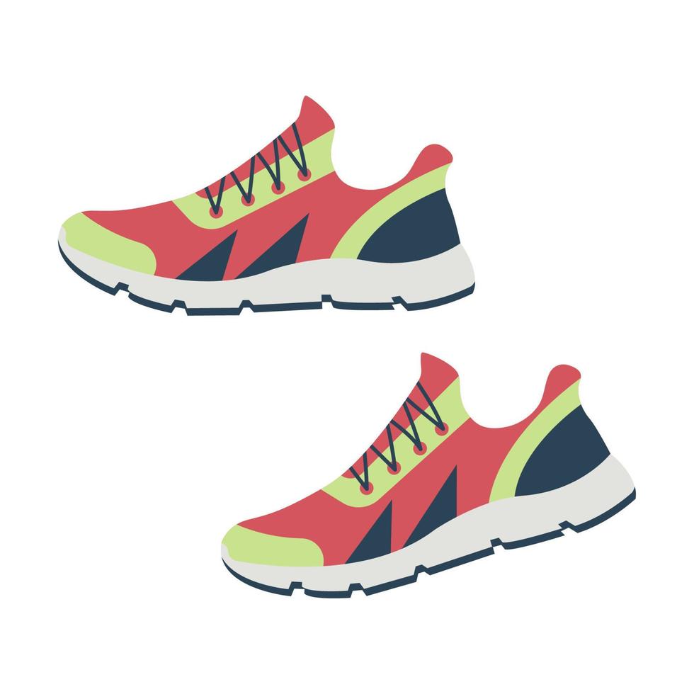 Icon with bright colorful running shoes. Colored flat vector illustration of stylish footgear isolated on white background. Side view of modern and trendy sports footwear.