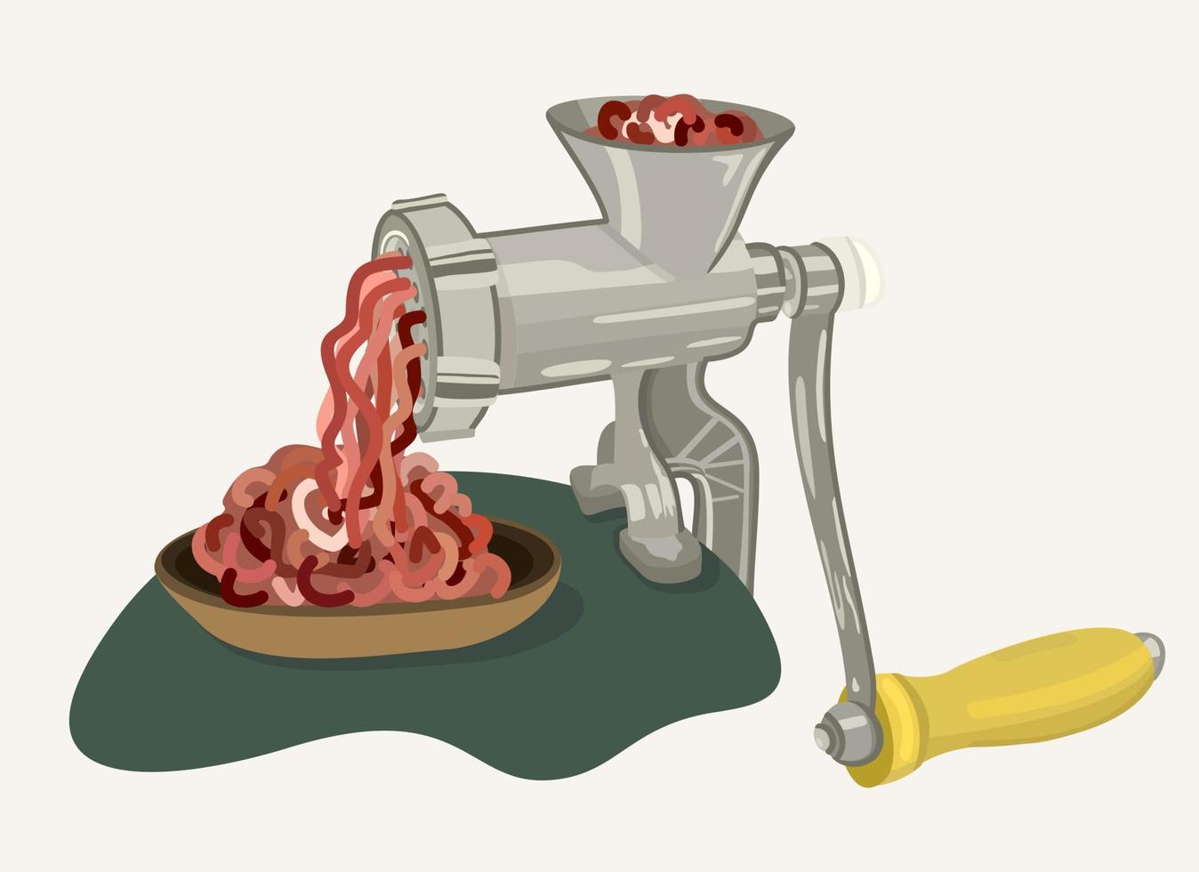 Meat gringer and bowl with mincemeat. Vector isolated illustration.